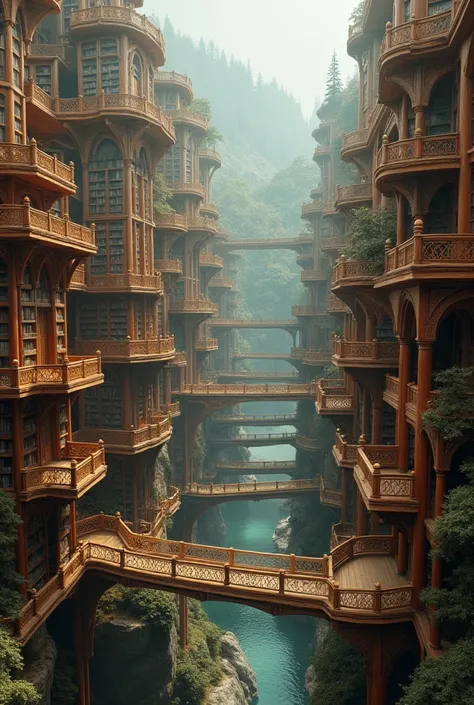 ville immense faite de bibliothèque en bois, descalier en bois, de balcon et pont e 