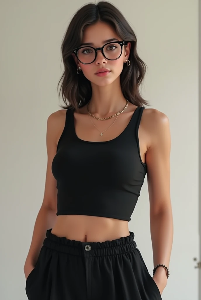 Girl wearing glasses and her slim figure  wearing black crop top and thin belly chain