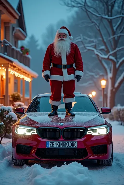 On New Years Eve, Santa Claus jumps on a real BMW M5
 and BMW M5 license plate is UZB KINGKONG and stands on the chimney.