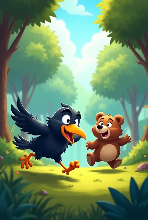 A cartoon crow in the forest is flying and chasing a bear