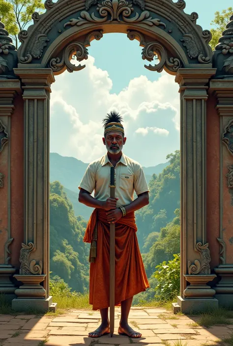 
A guard in Sri Lankan attire standing in front of a gate has a spear in his hand.