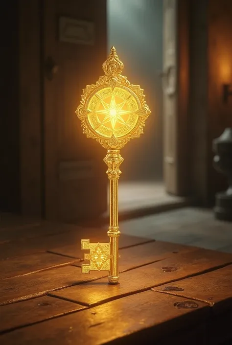 A large, ornate golden key glowing with a soft, mystical light, placed on an ancient wooden table. In the background, a door slightly ajar, revealing a faint light spilling through, symbolizing the unlocking of an important truth. The scene should evoke a ...