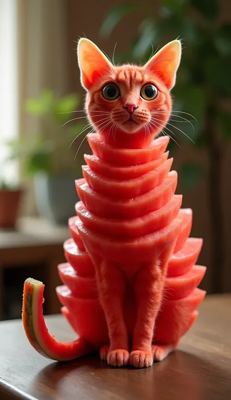 The cat’s body is now entirely made of sliced watermelon. Its body is formed by layers of watermelon slices, its tail by a curved watermelon rind, and its ears by small triangular watermelon pieces. The face of the cat remains intact. The background stays ...