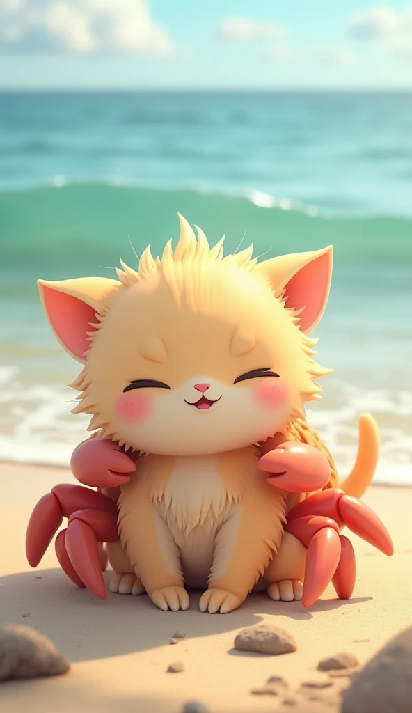 

A hybrid, pale pink-colored, adorable kitten resembling a yellow cat, with a smooth, crab-like shell on its back, is happily sitting on a beach. The background features the sea, small stones scattered around, and soft sand beneath its paws. The kitten lo...