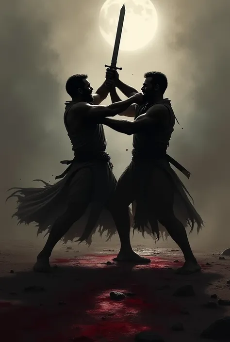 . The image must be dark of a war in Egypt . Very brutal.  Make only silhouettes of a man sticking his sword into another and the blood already on the ground 