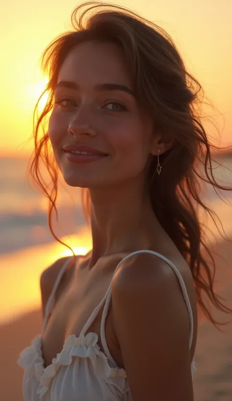 Sofia with a small smile on the beach in a beautiful blurry sunset. 