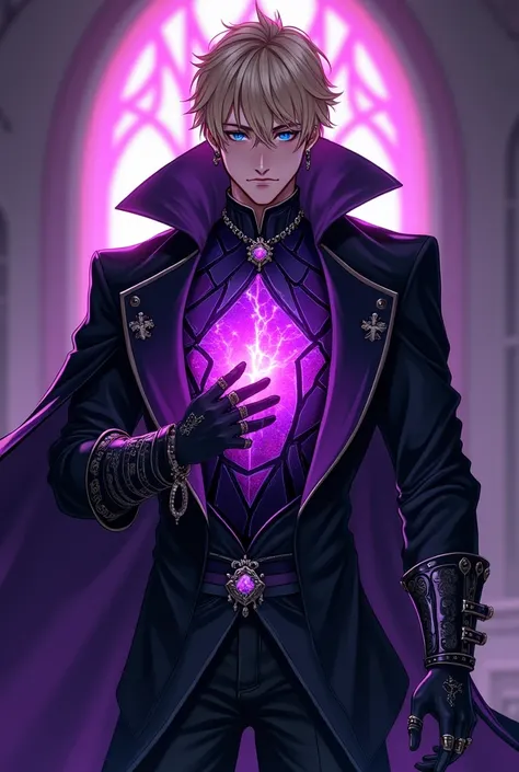 male hero 30 years old, blond short hair, blue eyes, blond beard, uniform with deep purple tones, black overcoat, Gothic stained glass pattern on all over the chest, mysterious hood, gloves with exposed fingers, rings, earring, necklace, bracelets, Black p...