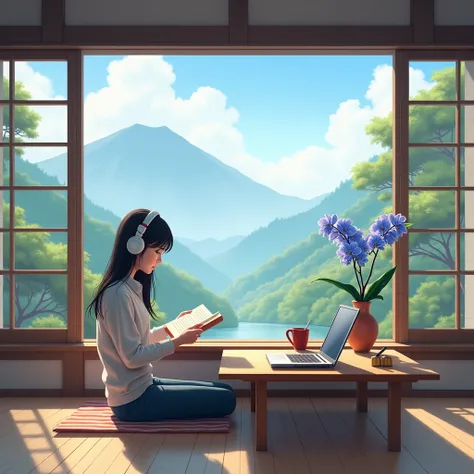 a Japanese style room with a large window showing a beautiful scenery like mountains or a garden with a big but short in height Japanese style study table where they sit on the floor and study... The table has pen stand and a laptop with a vase in the corn...