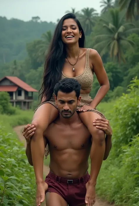 The beautiful Malayali woman sits on her servants boys shoulder, women age is 30, large breasts, Wearing  Kurtis , Black Hair, full figure, Drunk, walking, shoulder ride, wearing shoes ,hill areas, singing,  close up, dancing , old Kerala house,deep forest...