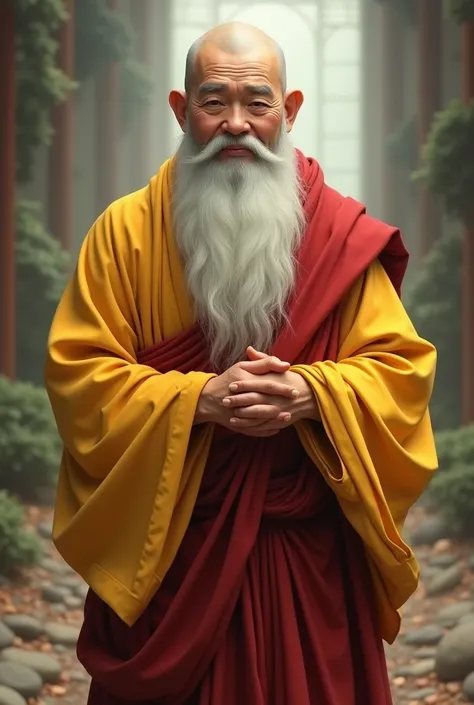 Clad in yellow monastic robes wrapped in a red kasaya. "His" head bore tonsure scars, and his round face was adorned with a long white beard that reached his chest. "He" wore a perpetual, kind smile.[