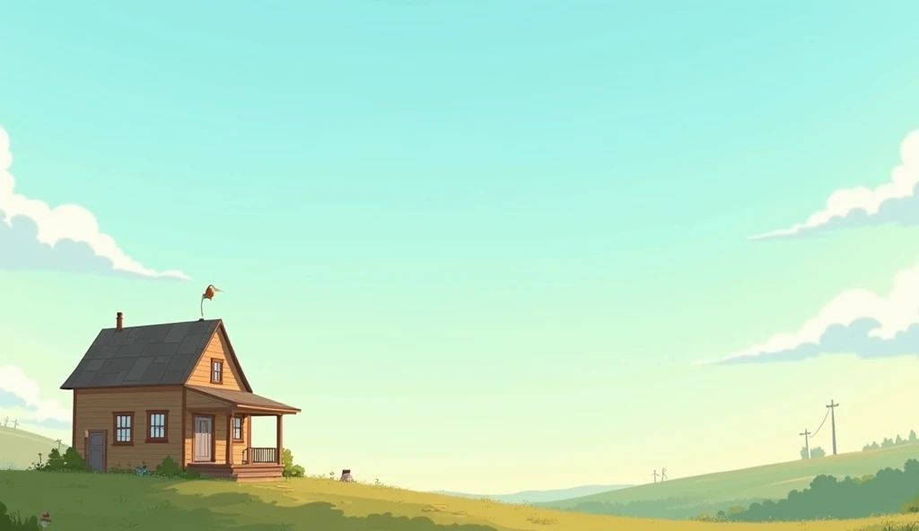 animation of a simple house in the countryside with a wide sky and his house is on the left and on the right of the picture there is a blank space to fill the lyrics of the song