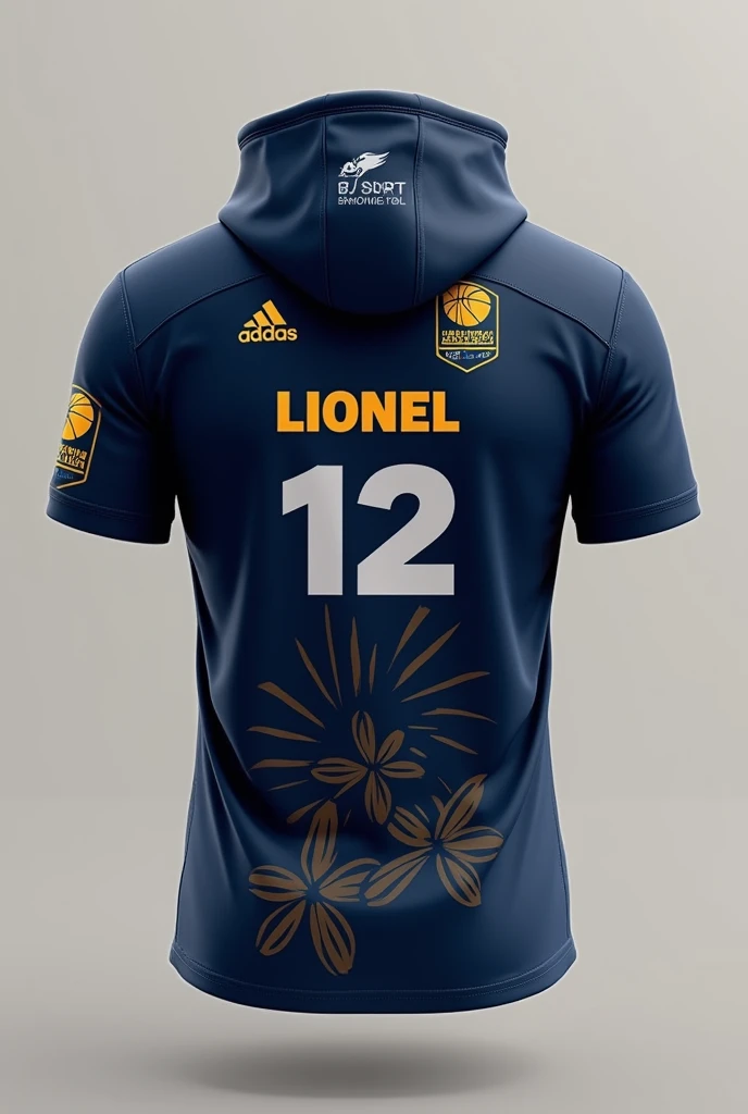  Make me a shooting shirt basketball, with hoodie, short sleeve with navy color base, the player named lionel (the name isupside down) and add the sponsor in the bottom of the shooting shirt. The sponsor is nara, pondok muara nelayan, dodol durian, istana ...