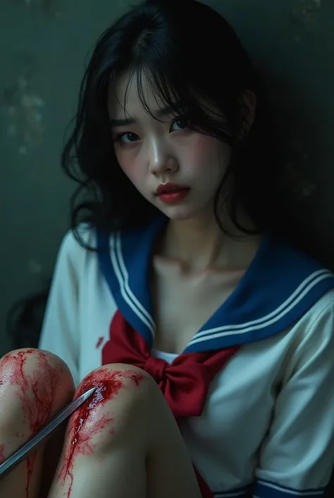 A beautiful Asian woman in a sailor moon costume,  sailor suit, micro miniskirt, long boots, suffering expression, crying, heavy bleeding from her thighs, (knife piercing her thigh:1.5), (man stabbing her thigh with a knife:1.3),(best quality,4k,8k,highres...