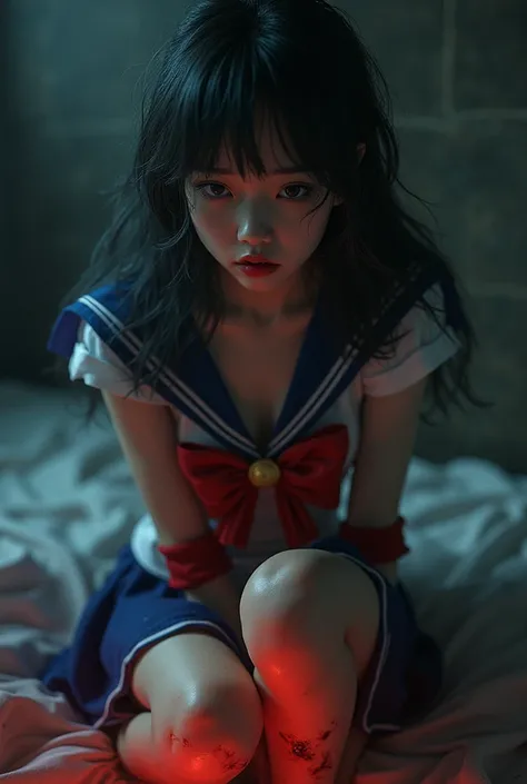 A beautiful Asian woman in a sailor moon costume,  sailor suit, micro miniskirt, long boots, suffering expression, crying, heavy bleeding from her thighs, (knife piercing her thigh:1.5), (man stabbing her thigh with a knife:1.3),(best quality,4k,8k,highres...