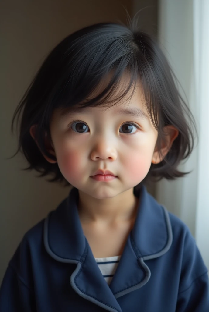 -old Asian girl, Oval face, circle eyes, and big nose, hair is swept to one side. Show her forehead apart. Hair is so short that the ears and earlobes are clearly visible. She is wearing navy blue pajamas. She Make a thoughtful and doubtful expression