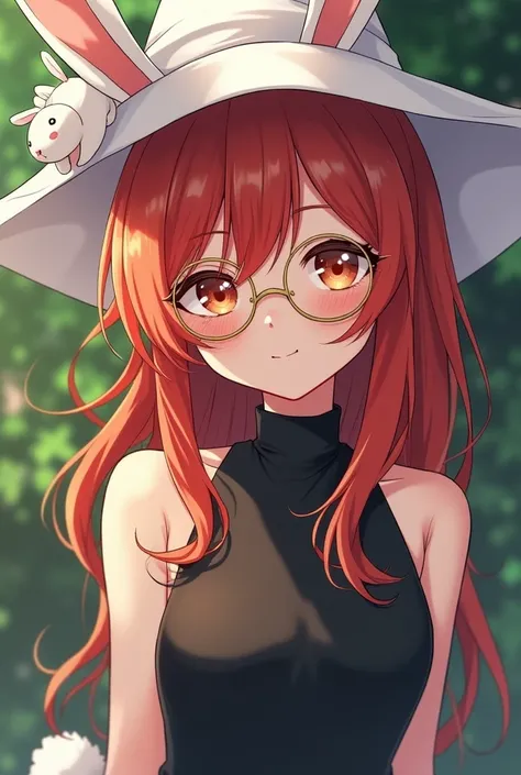 Ginger woman with red  hair turning green  mixture hair. hot .bunny .wearing black dress with glasses white witch hat .bunny ears. .bunny tail. .gold glasses. hot anime . bunny on her sholder. wearing white witch hat anime cute