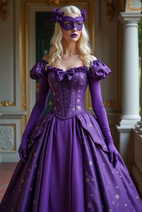 The most beautiful blond haired woman 19th century dress,, corset, on the dress looped ornamentations (violet bows) to indicate the different layers to the dress, dress is close to her body, (((tight dress))), whole dress is tight, industrial era dress, ou...