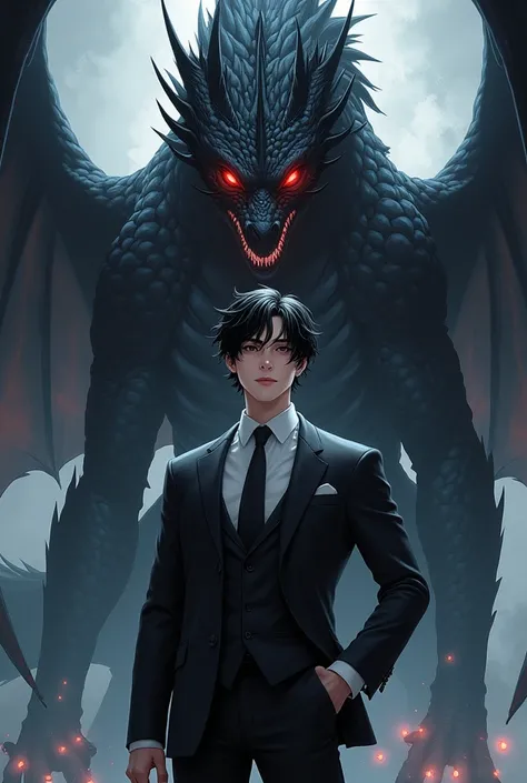 
"A detailed cover illustration for a light novel in the style of Korean manhwa art. In the foreground, a man with a tall and elegant build, wearing a sharp black suit and tie. His appearance is striking, with messy black hair, crimson eyes glowing with in...