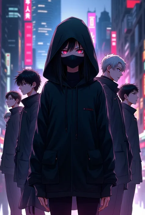 Create a cover for a manga , with 7 boys in the background , And a girl in front of them disguised as black 