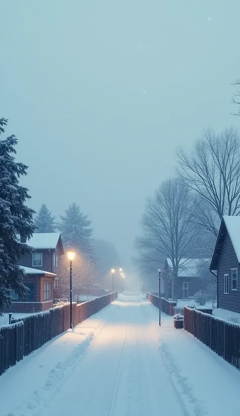 A neighborhood while snow falls in a blurry winter. 