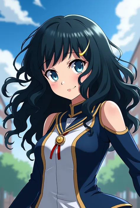  boku no hero Academia , black-haired girl light blue eyes, long wavy hair ,Golden lock in the bangs 