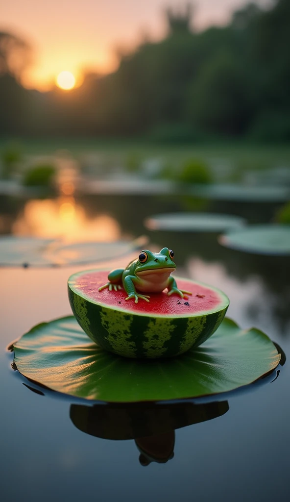 A green frog is sitting on a lily pad in a calm, reflective pond under the soft light of dusk. Above it, the sky glows in shades of orange and purple. Below the frog in the image, a perfectly sliced watermelon rests on the pad, its vibrant red flesh and bl...