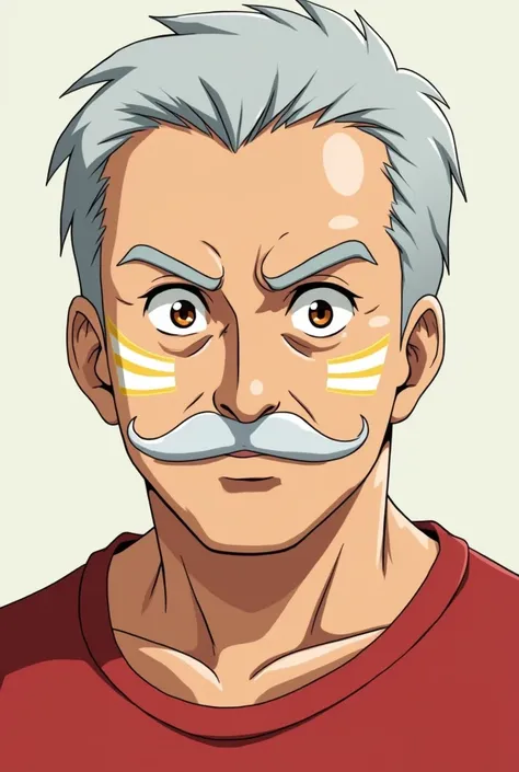 anime man,  of short gray hair, White mustache, red shirt, white-and-yellow cheeks ,  brown eyes