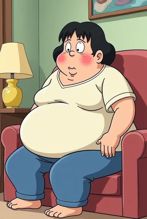 Make Nobita mom eat lot of sweet  her stomach bloated her cloth are stretch and he cannot eat more 