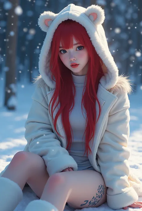  ruby red hair and hoodie sitting in the snow , heavy winter aesthetic ,  young Korean woman with a delicate and harmonious face .  Her extremely long and straight wet hair , loose hair , It is a vibrant ruby red color  . Sus labios,  of an intense dark re...