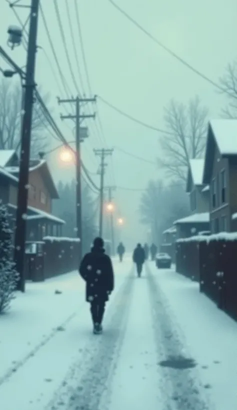 A blurry neighborhood while snow falls in winter with people.
