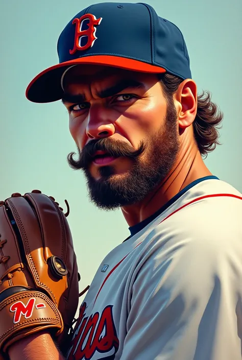 Baseball player male portrait color. Moustache. Baseball glove on left hand. Up body.