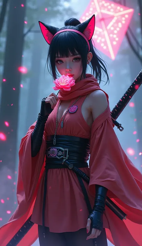  The camera looks from below ,  approaching very slowly the protagonist : a Japanese warrior ,  very beautiful and with black hair , her hair is taken with a Ponytail ,  wears a shiny pink cyberpunk band with cat ears .  She is eating a lolypop ,  all her ...