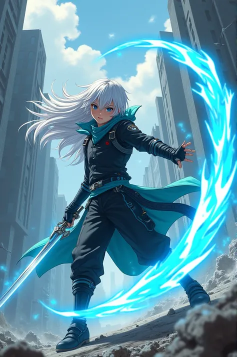 Create a boy with long white hair wielding a futuristic blue Japanese energy sword, with dark-colored cyberpunk clothing with turquoise details, his body is surrounded by cyan blue electrical energy ANIME VERSION in a destroyed city 
