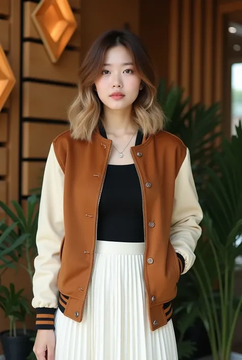 A Korean woman with a confident expression, her brown hair highlighted with blonde, wearing a  brown varsity jacket with cream sleeves, paired with a black top and a pleated white skirt. Her medium bob hairstyle falls neatly. The background features a warm...