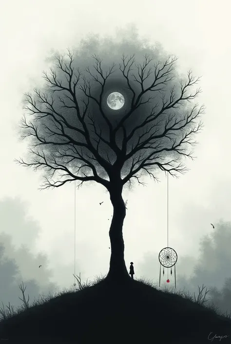 Silhouette of a tree with a symbol of justice, death and dream world