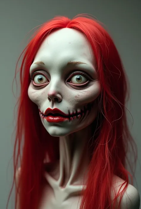 Puppet, emaciated face, red hair and thick lips, botox