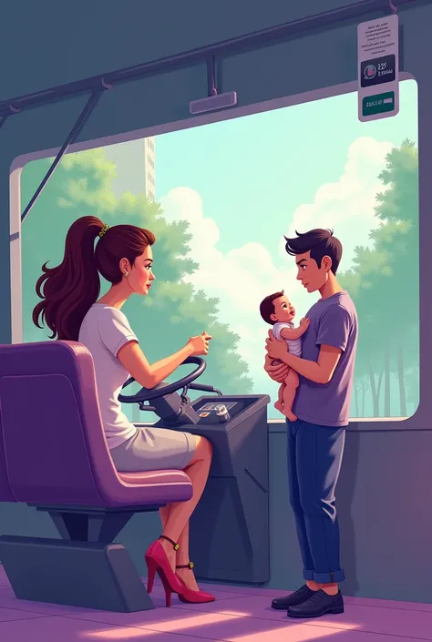 draw a woman, driving a bus. and a man, taking care of a baby. put a gender equality logo. colors should be pastel purple and green. leave the middle blank and make the vertical a3 size