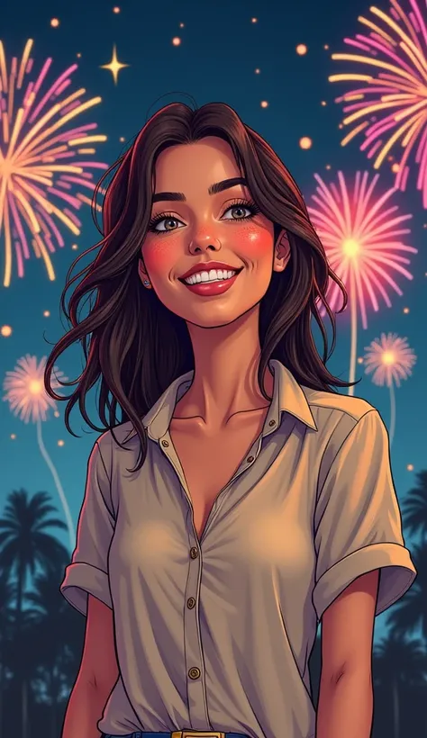 A discreet comic book-style illustration of a happy, creative adult American woman. She is dressed in casual yet stylish clothing, such as a neutral-toned blouse with subtle artistic patterns or textures that reflect her imaginative personality. Her expres...