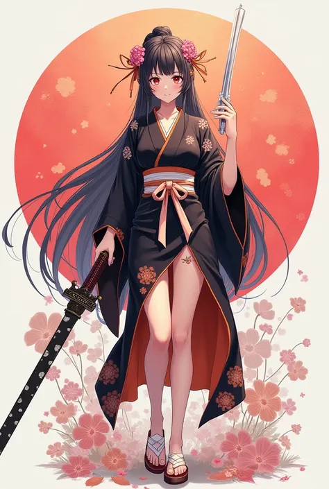  fantasy a womans Japanese-inspired outfit . He holds a pink ,  one on each hand ,  with a clear standing expression forward . He wears a black kimono with orange accents and white , and obi  ( belt )  two-gun weapon tied around his waist . Her lower legs ...