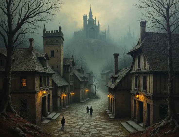 Oil painting of an old dark city by the forest