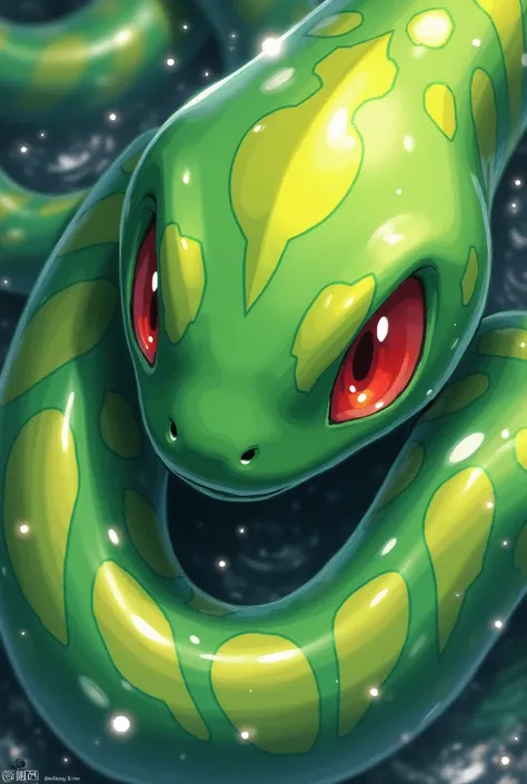 a close up of a Pokémon Cards with a green and yellow design, Pokémon Cards,   slimy shiny shiny reflective joy , Full Art,  Vivid  tentacles,  Vivid !!, Mysterious Eel, Extreme, Yoshitaka,  Trading Cards , Shogakukan, dynamic!!,  Vivid ), Extended Art, Po...