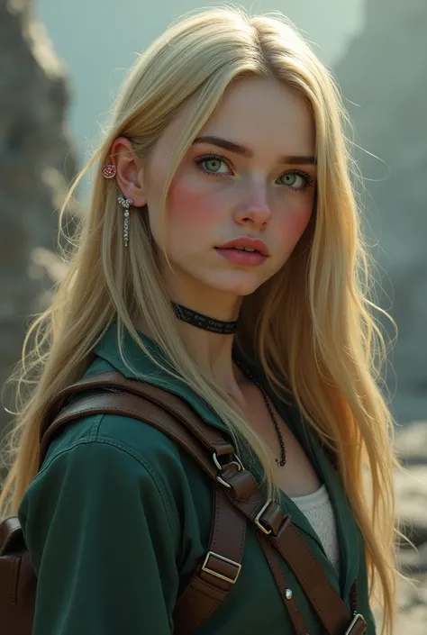 girl, , white skin, European, round greenish-blue eyes, puffy lips, little scar above upper lip, blushed cheeks, button nose, blonde straight long hair, strong character, leader, dystopian