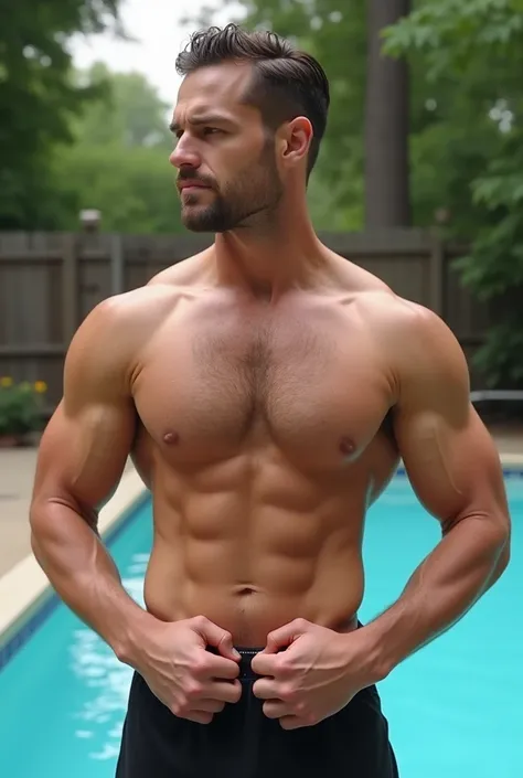 Clean shaven no beard roided muscular beefy bodybuilder hunk stud hairy beast Hugo Dennison  ([relieved|relaxed|eased] [pleasing|satisfied|gratified]), satisfied, pleased, relieved, (( american)), ((suburban neighborhood)), ((small back yard)), ((pool))