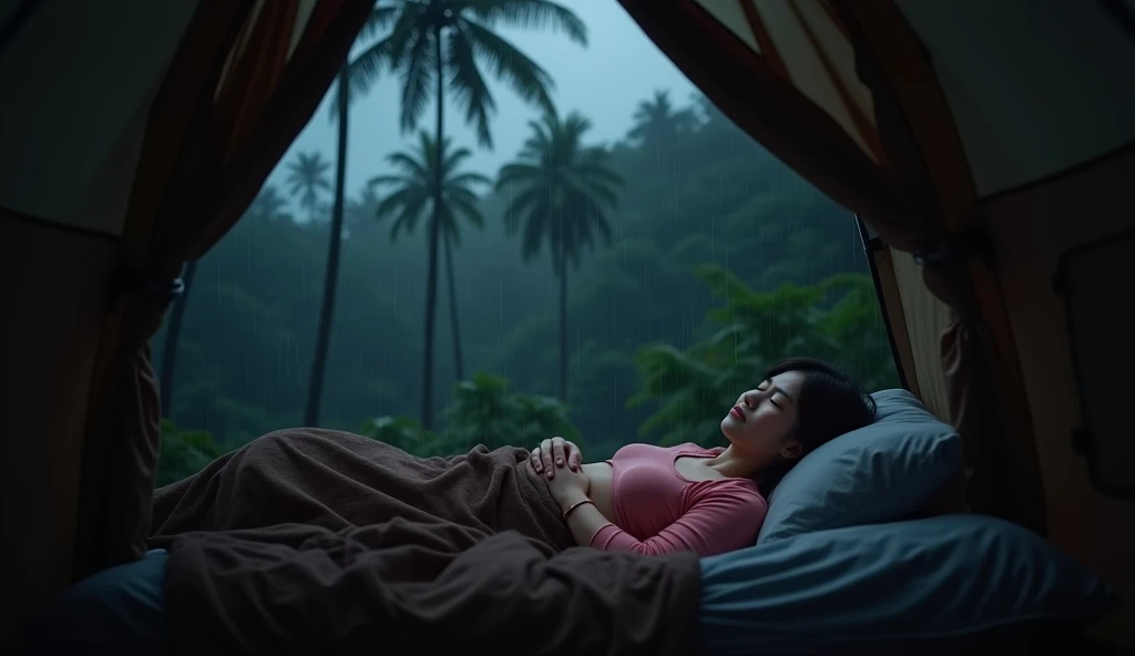 Viewpoint from inside a dark tent. The door is wide open, heavy rain outside the raindrops are clearly hyper-realistic, the night sky with dark clouds is gripping and visibility is low, the atmosphere of tropical forest trees with green leaves is clearly h...