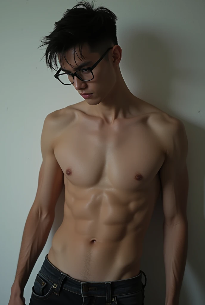 Male naked  erected slim black short hair black eyes glasses 