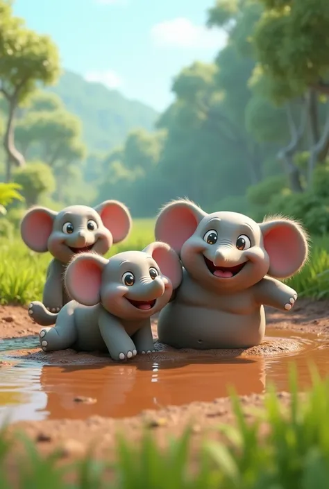 3D animation style “, Four fat elephants walked with glee,
Into the mud, they all fell, you see.
Looked at themselves, scared to the core,