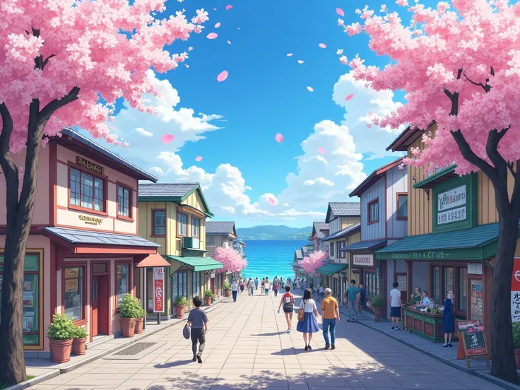 A small town with a view of the sea、Colorful Buildings、 Beautiful Cherry Blossom Trees 　 Clear Days 、