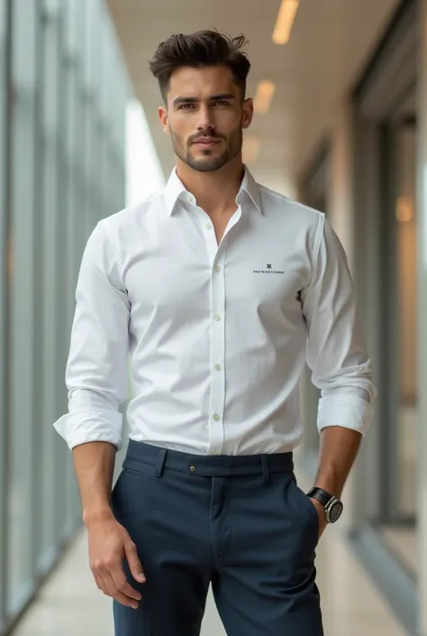 A man wearing pant and shirt menswear branding