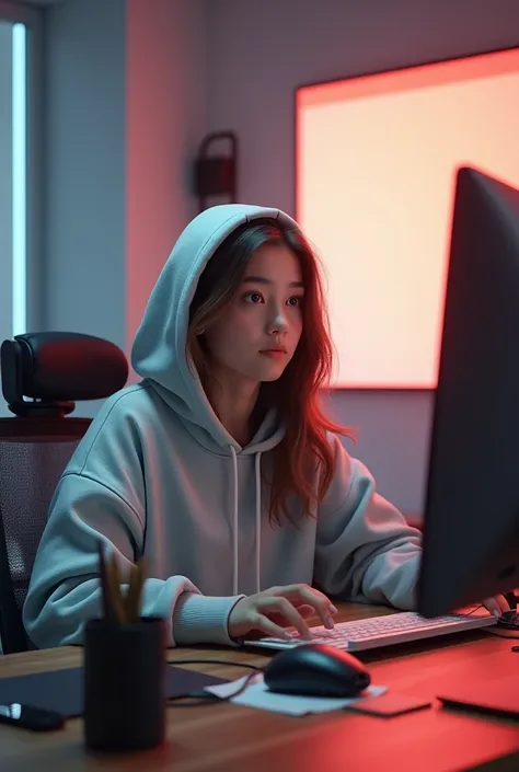 A girl wearing hoodies YouTube studio background 