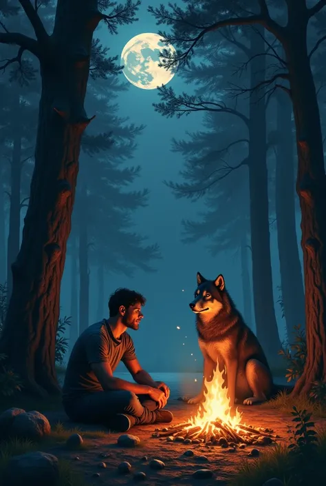 I want to create a great picture of natural light of forest in the night time a man sit the near of fire in the picture a wolf with the man create hybrid photo in the night time prompt 